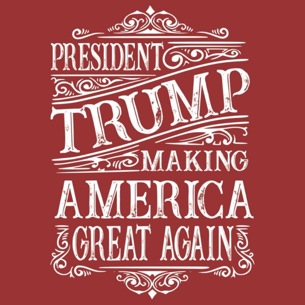 President Trump Make America Great Again Wild West MAGA Women's T-Shirt back antique cherry red art