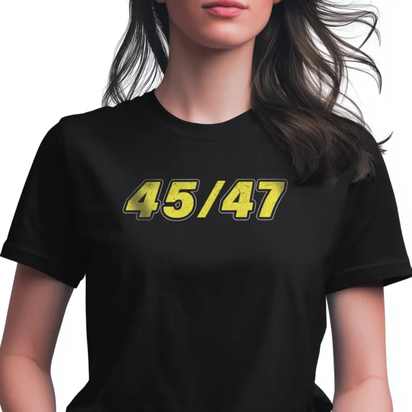 A woman wearing black Trump 2024 45/47 MAGA Re-election unisex T-Shirt - Patriotic political merch on female model