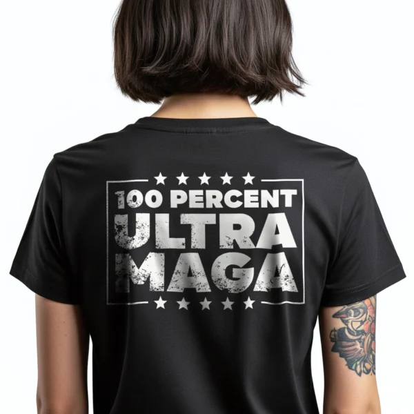 Woman wearing black Ultra MAGA Trump Conservative T-Shirt - Unisex patriotic political graphic tee on female model