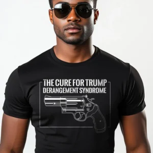 Front view of man wearing black Cure for Trump TDS T-Shirt - Funny unisex political graphic tee for Trump supporters
