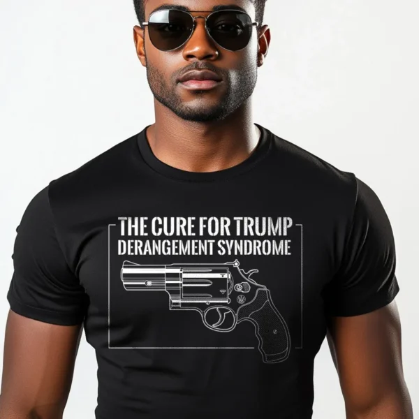 5065-BLK-UNI-M_CR Front view of man wearing black Cure for Trump TDS T-Shirt - Funny unisex political graphic tee for Trump supporters