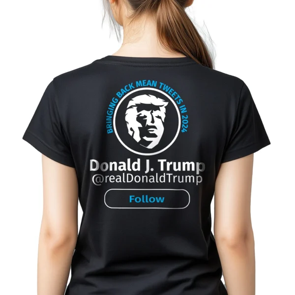 Woman wearing black Trump Mean Tweets 2024 Free Speech T-Shirt - Unisex pro-Trump patriotic graphic tee on female model