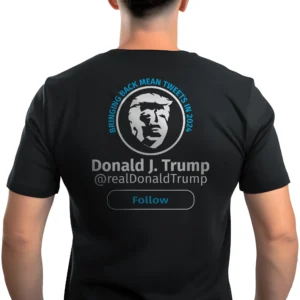 Back of man wearing black Trump Mean Tweets 2024 Free Speech T-Shirt - Unisex pro-Trump patriotic graphic tee