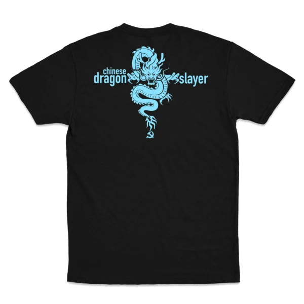 Back Flat lay of black Chinese Dragon Slayer America First unisex T-shirt - patriotic anti-CCP graphic tee