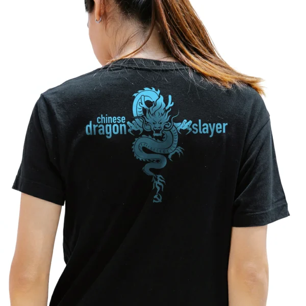 Woman wearing black Chinese Dragon Slayer T-Shirt - America First unisex patriotic graphic tee on female model