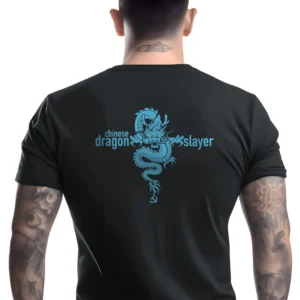 Back of man wearing black Chinese Dragon Slayer T-Shirt - America First unisex patriotic graphic tee