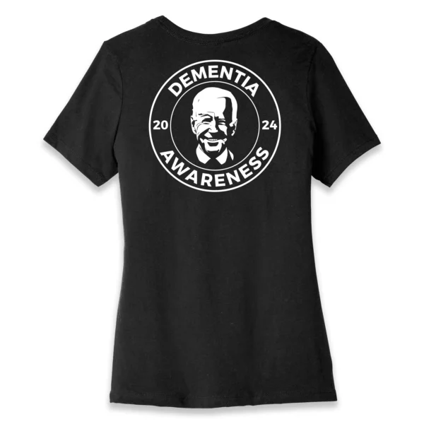 Back flat lay of black Joe Biden Dementia Awareness women's T-shirt - satirical funny political graphic tee