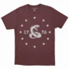 Front Flat lay of cardinal triblend red Don't Tread On Me 1776 Gadsden Flag unisex T-shirt - classic patriotic historical graphic tee