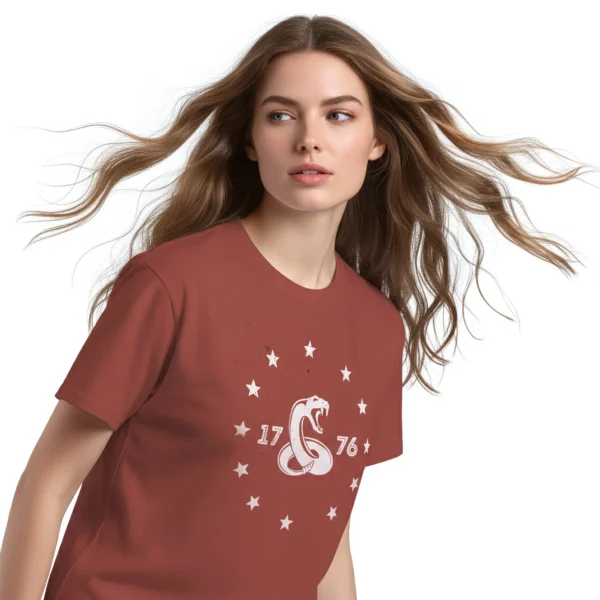 Woman wearing rust Don't Tread On Me 1776 Gadsden Flag T-Shirt - Unisex patriotic historical graphic tee on female model