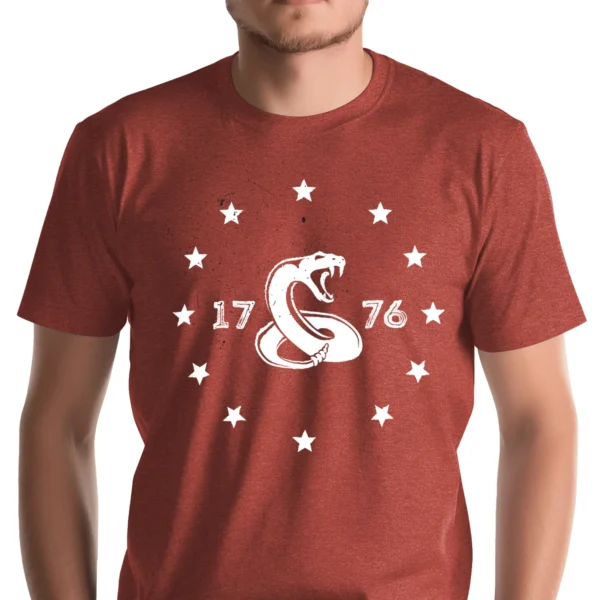 Man wearing Rust Red Don't Tread On Me 1776 Gadsden Flag T-Shirt - Unisex patriotic historical graphic tee