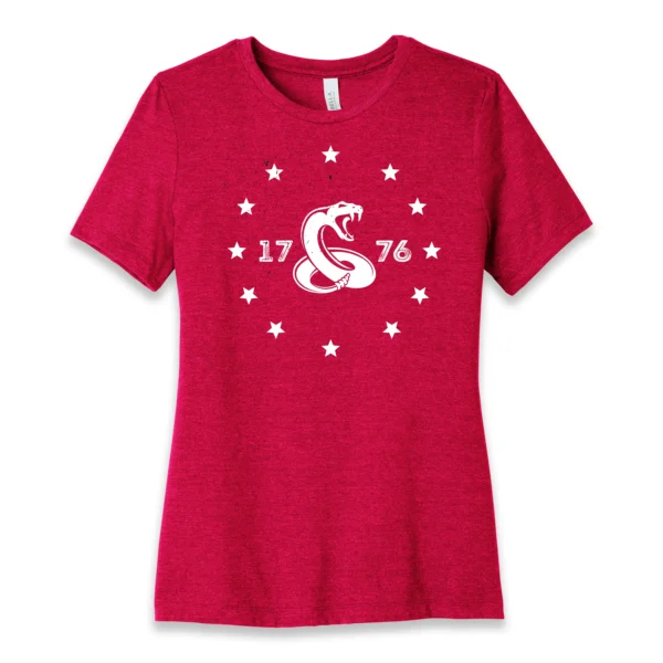 Front flat lay of red triblend Don't Tread On Me 1776 women's T-shirt - classic patriotic Gadsden graphic tee