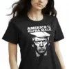 Woman in a black Trump Alpha Male T-Shirt - Unisex 2028 MAGA patriotic graphic tee on female model. Design on front