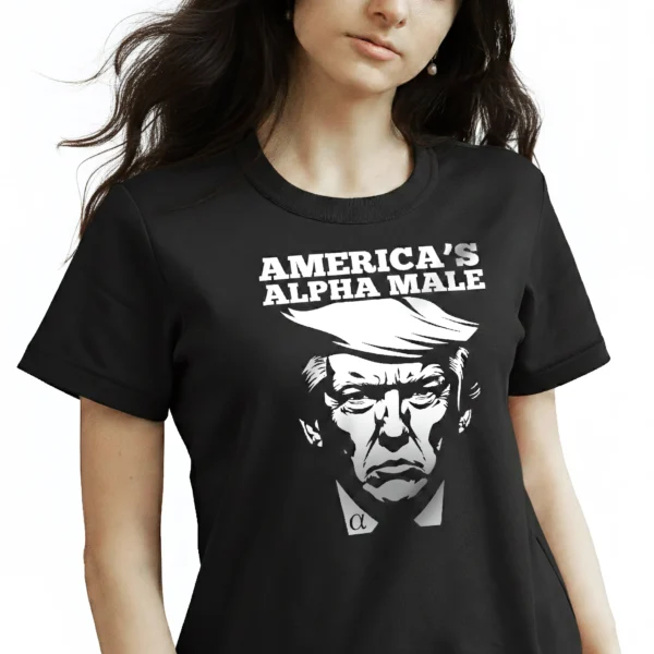 Woman in a black Trump Alpha Male T-Shirt - Unisex 2028 MAGA patriotic graphic tee on female model. Design on front