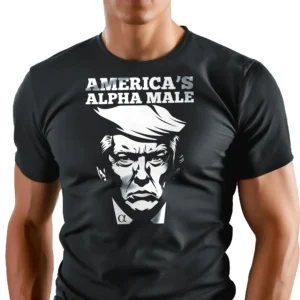 Man wearing black Trump Alpha Male T-Shirt - Unisex 2028 MAGA patriotic graphic tee Front Logo