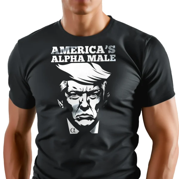 Man wearing black Trump Alpha Male T-Shirt - Unisex 2028 MAGA patriotic graphic tee Front Logo