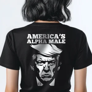 Woman wearing black Trump Alpha Male Women's T-shirt - Unisex bold pro-Trump patriotic graphic tee - logo on back