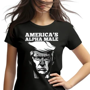 Woman wearing black Trump Alpha Male Chesty Women's T-shirt - Unisex front graphic pro-Trump patriotic tee - logo on front