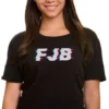 Woman wearing a black FJB Glitch T-Shirt - Anti-Biden conservative unisex political graphic tee on female model
