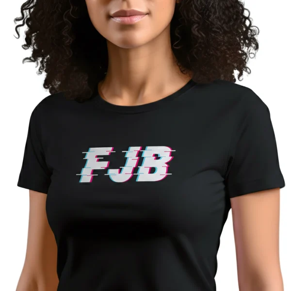 Woman wearing black FJB Glitch Women's T-shirt - Unisex anti-Biden conservative satirical graphic tee
