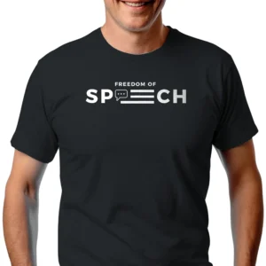 Man wearing black Freedom of Speech T-Shirt with USA Flag Graphic - Unisex patriotic 1st Amendment tee