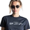 Woman wearing a black Freedom of Speech T-Shirt with USA Flag Graphic - Unisex patriotic 1st Amendment tee on female model