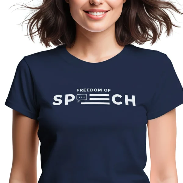 Woman wearing navy Freedom of Speech Women's T-shirt - Unisex patriotic First Amendment graphic tee