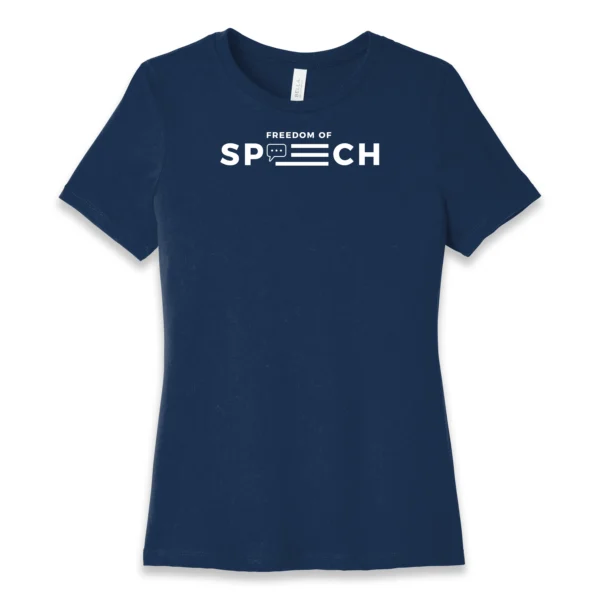 Front flat lay of navy Freedom of Speech women's T-shirt - patriotic First Amendment graphic tee