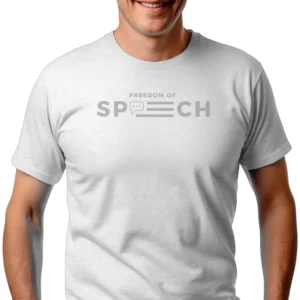 Man wearing white Freedom of Speech USA T-Shirt - Unisex patriotic American flag graphic tee grey logo