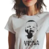 5170-WHT-UNI-F Woman wearing a white Liberal Tears Cry Baby T-Shirt - Anti-woke unisex funny political graphic tee on female model