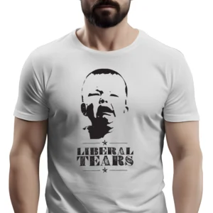 5170-WHT-UNI-M Man wearing white Liberal Tears Cry Baby T-Shirt - Anti-woke unisex funny political graphic tee