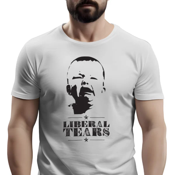 5170-WHT-UNI-M Man wearing white Liberal Tears Cry Baby T-Shirt - Anti-woke unisex funny political graphic tee