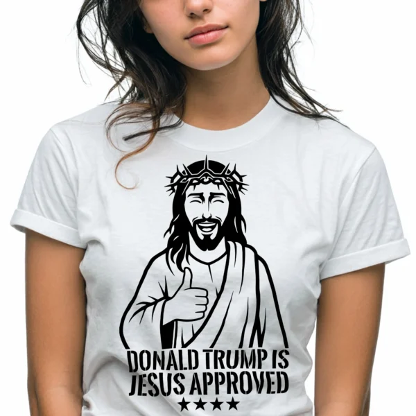 Woman wearing a white Jesus Approved T-Shirt - Unisex faith-based patriotic graphic tee on female model. Design on front.