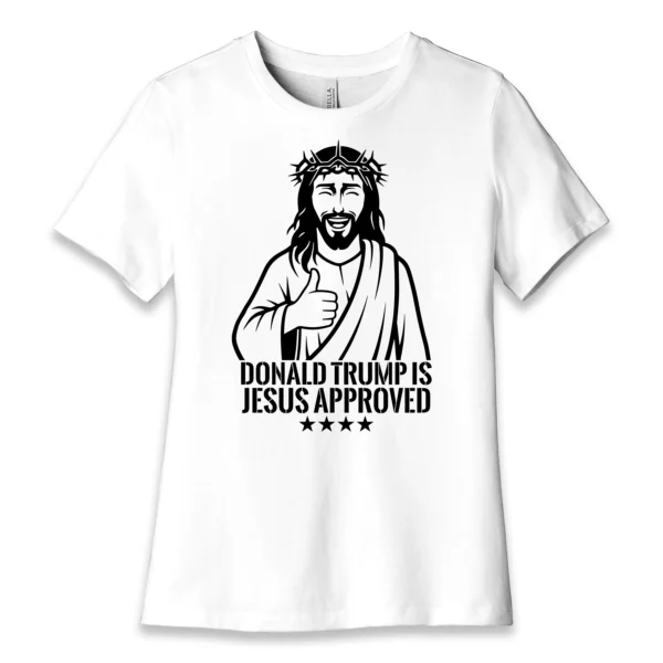 Front flat lay of white Jesus Approved women's T-shirt - faith-based conservative patriotic graphic te