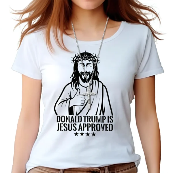 Woman wearing white Jesus Approved Women's T-shirt - Unisex faith-based conservative patriotic graphic tee - logo on front