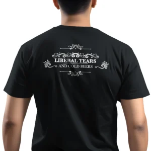 5200-BLK-UNI-M Back of man wearing black Liberal Tears Cold Beers T-Shirt - Trump 2024 unisex funny political graphic tee