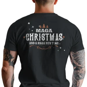 Man wearing black MAGA Christmas & New Year T-Shirt - Unisex Trump patriotic holiday graphic tee back