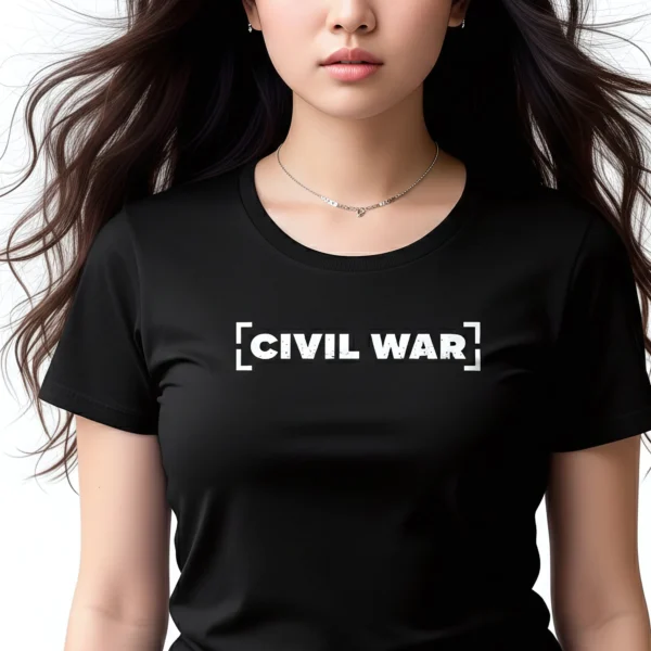 Civil War Minimalist Women's T-Shirt - Pro America Tee Woman wearing black Civil War Minimalist Women's T-shirt - Unisex pro-America minimalist patriotic graphic tee