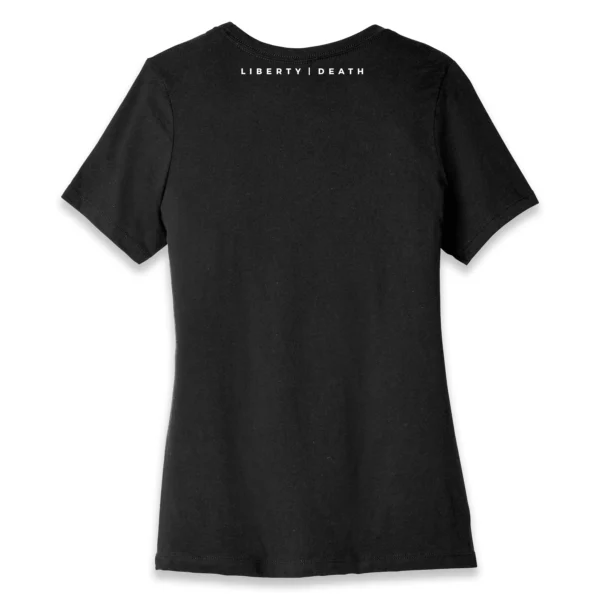 Back flat lay of black Civil War Minimalist women's T-shirt - pro-America minimalist patriotic graphic tee