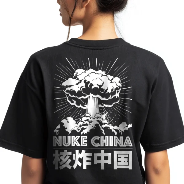 Woman wearing a black Anti-CCP China Conservative T-Shirt - Pro USA unisex patriotic graphic tee on female model