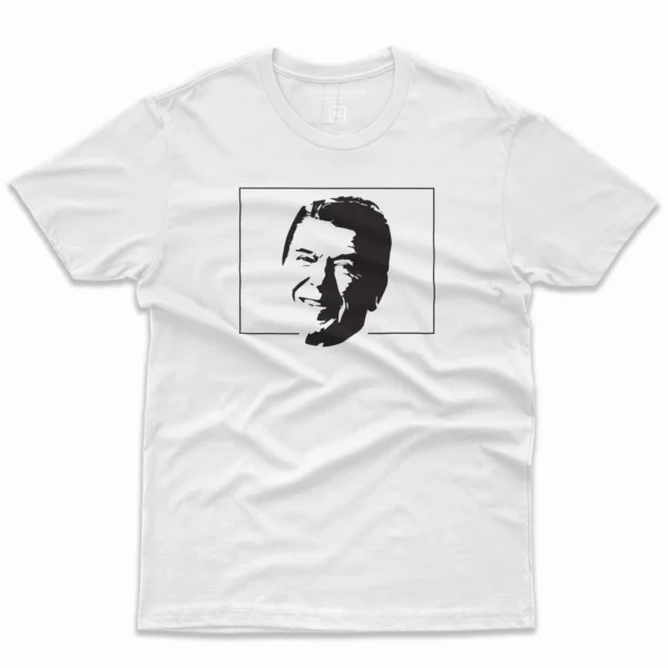 Front Flat lay of white Ronald Reagan Vintage Conservative unisex T-shirt - retro patriotic Republican graphic tee