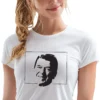Woman wearing white Ronald Reagan Vintage Conservative T-Shirt - Unisex patriotic Republican graphic tee on female model - black design on front