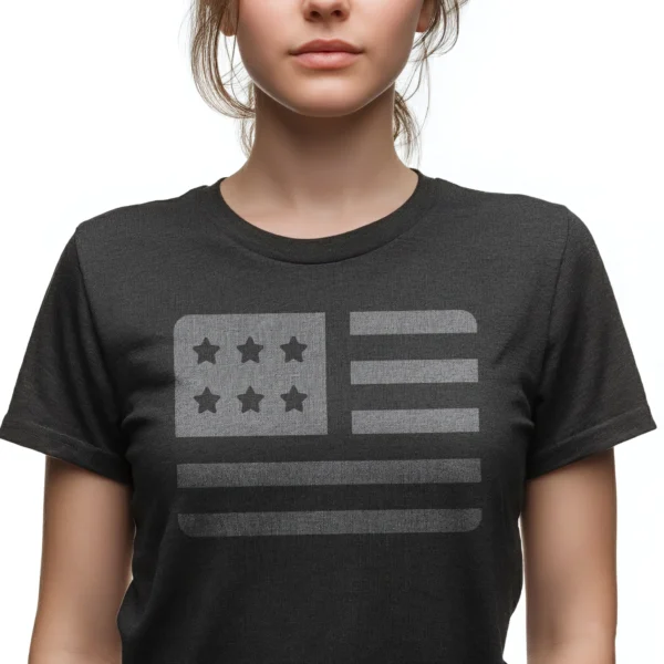 Woman wearing charcoal grey US Flag Modern Freedom Patriot T-Shirt - Unisex patriotic American graphic tee on female model - light grey front icon