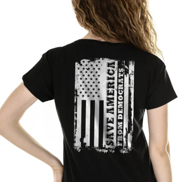 Woman wearing black Save America from Democrats Patriot T-Shirt - Unisex conservative patriotic graphic tee on female model