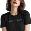 Woman wearing black Social-ist Media Anti-Censorship T-Shirt - Unisex conservative free speech patriotic graphic tee on female model - design on front