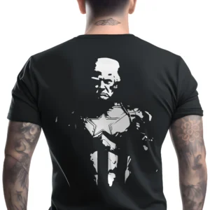 Man wearing black Trump National Hero 2024 T-Shirt - Unisex patriotic hero graphic tee for Trump supporters - design on back