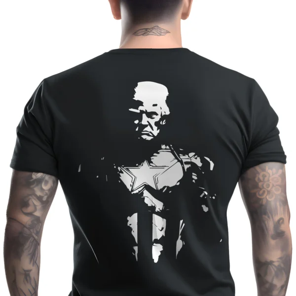 Man wearing black Trump National Hero 2024 T-Shirt - Unisex patriotic hero graphic tee for Trump supporters - design on back