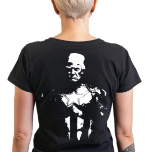 Woman wearing black Trump Superhero Women's T-shirt - Unisex patriotic national hero graphic tee