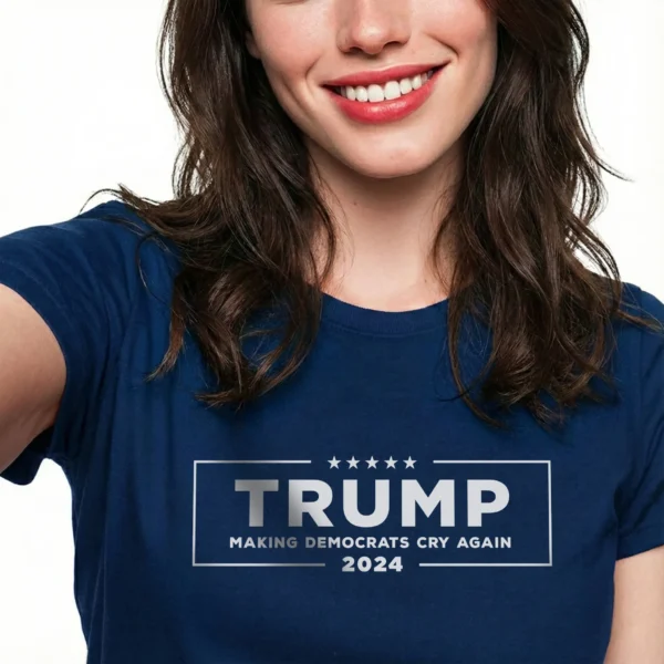 Woman wearing navy Trump National Hero 2024 T-Shirt - Unisex patriotic hero graphic tee for Trump supporters on female model - design on front