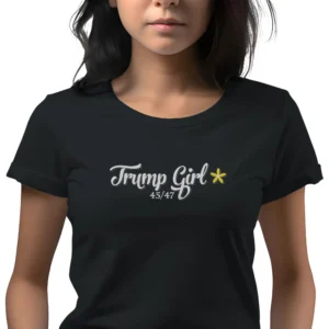 Woman wearing black Trump Girl 45-47 Women's T-shirt - Unisex conservative patriotic graphic tee