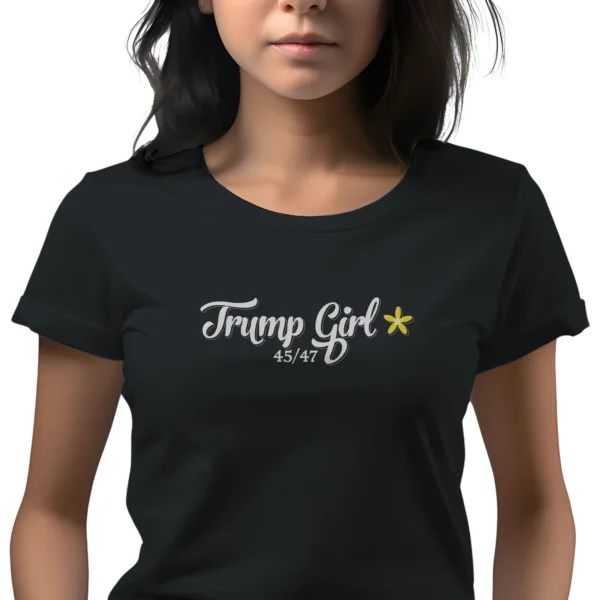 Woman wearing black Trump Girl 45-47 Women's T-shirt - Unisex conservative patriotic graphic tee